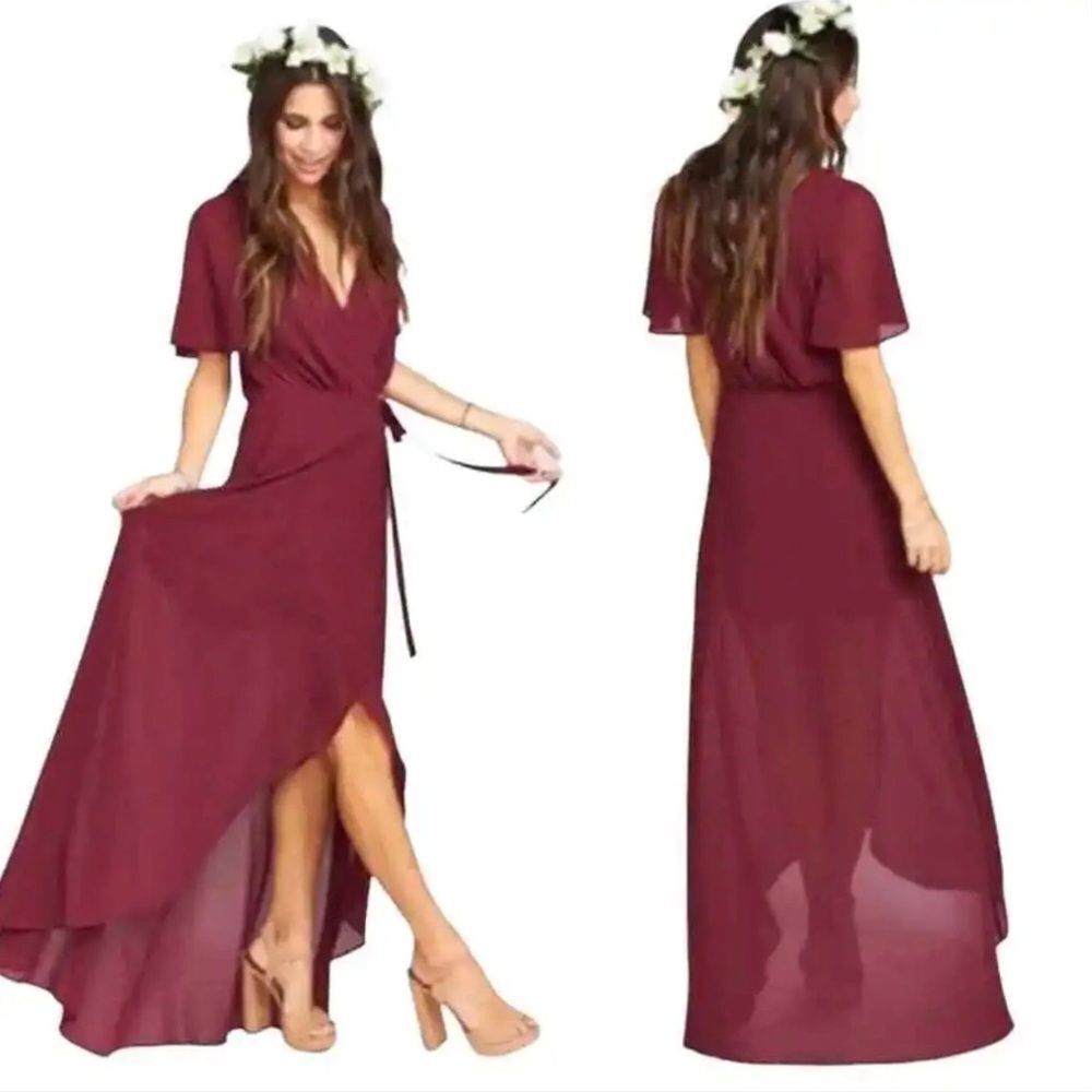 Show Me Your Mumu Flutter Short Sleeve Wrap Maxi Long Dress XS Maroon Wedding